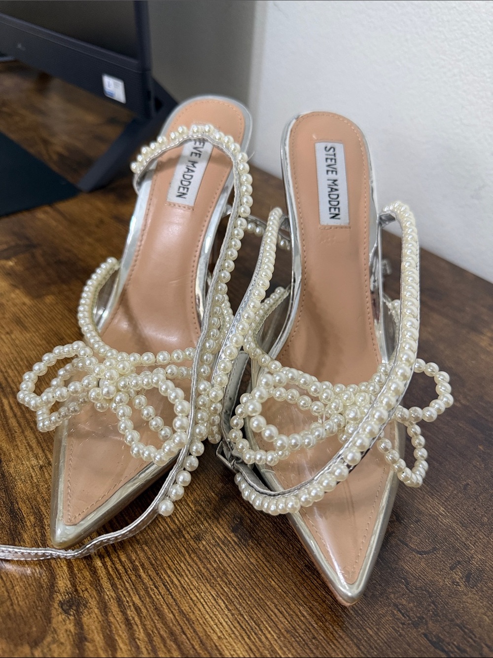 Steve Madden Silver Pearl-Strap Pointed Mules